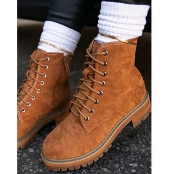 Sole Jealous Shoes - Chestnut Vegan Suede Lace Up Lug Sole Boots